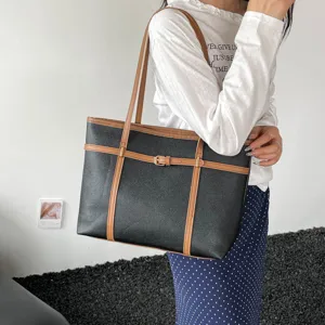 Vintage large capacity tote bag for women stylish contrast color PU leather shoulder handbag