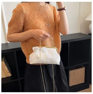 Detail of elegant vintage evening bag with lace fabric, pearl bow and gold chain strap.