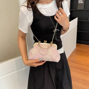 Vintage Chinese Style Jacquard Evening Bag Women Elegant Lace Pearl Chain Handbag Qipao Banquet Crossbody Shoulder Bag