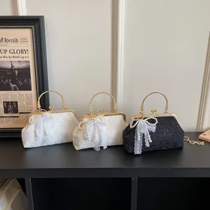 Women Vintage Lace Evening Bag Pearl Chain Crossbody Bag Elegant Shell Shape Shoulder Handbag For Banquet Party