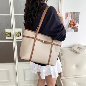 Large capacity retro shoulder tote bag for women, elegant contrast color daily handbag.