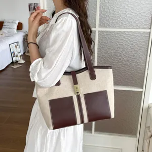 Canvas tote bag for women contrast color shoulder handbag large capacity casual commuter bag