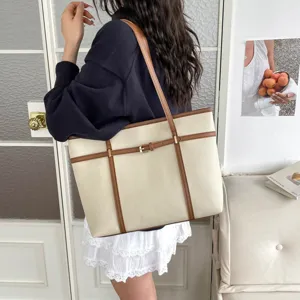 Retro large capacity tote bag with brown straps, stylish simple daily shoulder handbag for women.