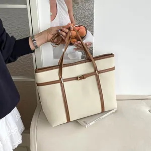 Retro large capacity tote bag, stylish contrast color PU leather shoulder bag for women.