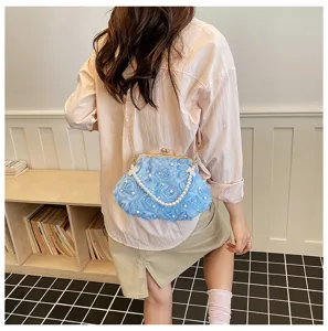 Blue floral kiss-lock evening bag with pearl chain strap, elegant women crossbody handbag.