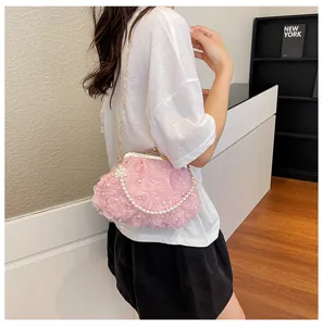Pink floral evening clutch bag with pearl handle elegant shoulder chain bag for women
