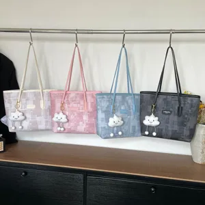 Grand Sac Cabas de Commutateur pour Femme en Cuir PU Imprimé Géométrique Sac Bandoulière Décontracté avec Pendentif Nuage