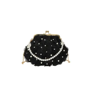 Black floral evening clutch bag with pearl handle and gold chain strap for women elegant party.