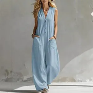Summer casual V-neck sleeveless loose jumpsuit for women with pockets and front buttons style.
