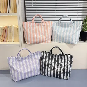 Large Capacity PVC Canvas Tote Bag Casual Minimalist Double Sided Stripe Bow Shoulder Commuting Handbag For Women