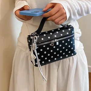 Korean style polka dot box bag for women, chic black and white shoulder handbag for daily commute.