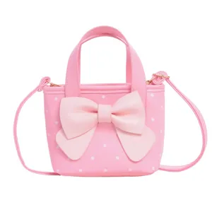 Kids pink polka dot crossbody bag sweet style cute mini handbag with large bow decoration