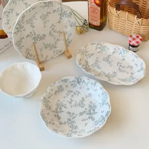 French vintage ceramic dinner plate set, blue floral embossed porcelain tableware dish