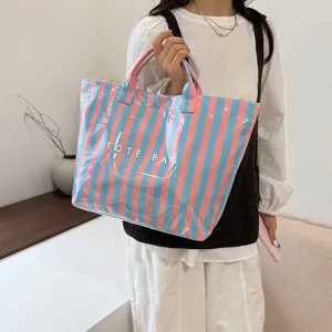 Casual striped PVC tote bag with colorful design, spacious summer shoulder handbag.