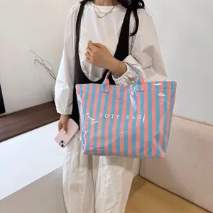PVC Striped Tote Bag Large Capacity Casual Summer Shoulder Handbag for Women Fashion Style