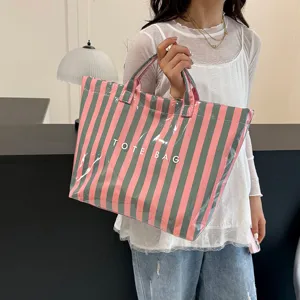 PVC striped tote bag large capacity summer casual retro shoulder handbag for women stylish