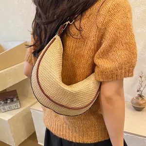 Sac d'épaule en paille pour femme été croissant aisselle sac tissé sac de plage chic