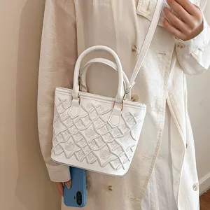 White embroidered bucket bag stylish top handle shoulder crossbody bag for women spring