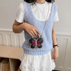 Stylish glitter butterfly shaped crossbody handbag for women, cute mini chain shoulder bag.