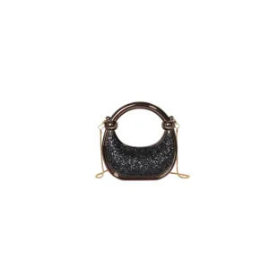 Elegant glitter metallic ring handle crossbody evening bag, stylish compact shoulder purse.