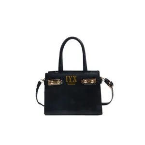 Black leather handbag for women, stylish crossbody tote bag with top handles and gold hardware.
