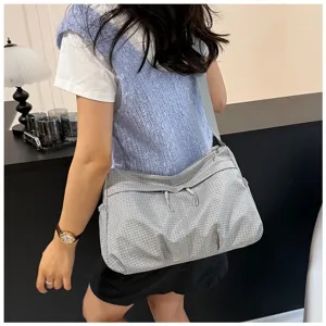 Casual grey plaid nylon shoulder bag detail view, large capacity crossbody bag for daily use.