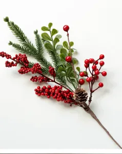 Artificial Christmas berry stem with pine needles, green leaves, and pinecone for decor.