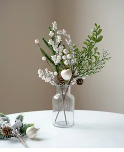 Artificial Christmas pine needle white berry pinecone floral pick for winter home decor.