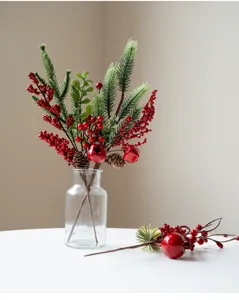 Artificial pine needles red berry pinecone branch Christmas floral arrangement for home decor