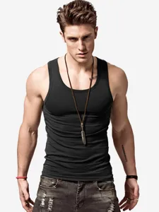 Men's casual slim fit black tank top with distressed jeans for summer fitness wear.