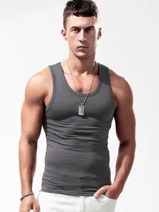 Men's solid dark gray slim fit tank top, ideal for fitness, gym workout, and casual summer wear.