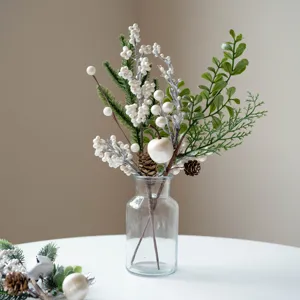 Artificial Christmas Berry Pine Branches Holiday Home Decor Floral Arrangement in Glass Vase