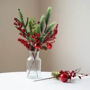 Artificial Christmas pine needles red berries branches home decor flower arrangement vase