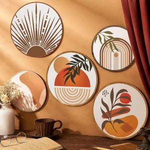 Decoración de pared de madera boho conjunto de letreros redondos estética abstracta botánica.