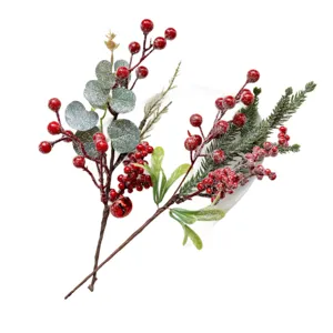 Artificial Christmas red berry pine pick branch for holiday home floral decoration.