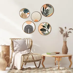 Arte de pared redondo de madera bohemio, decoración colgante abstracta botánica de 5 piezas para salón.