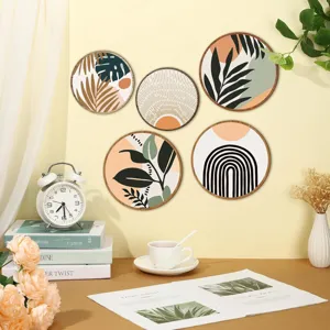 Set de arte mural de madera bohemio, placas colgantes botánicas redondas para el hogar.