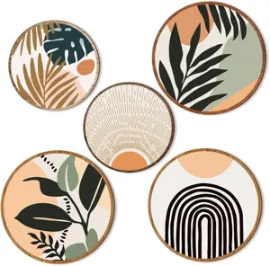 Juego de 5 placas de arte de pared de madera redondas con motivos bohemios abstractos.