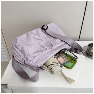 Casual plaid nylon shoulder bag for women, large capacity stylish messenger bag, light purple