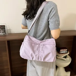 Casual plaid nylon crossbody shoulder bag for women, large capacity lightweight everyday bag.