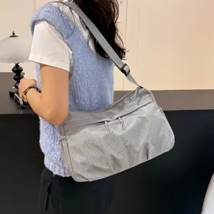 Simple women casual grid print crossbody bag large capacity lightweight nylon shoulder bag