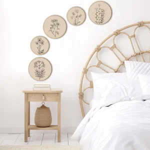 Decoracion de pared de madera arte botanico redondo boho signo interior vista detalle