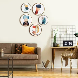 Decoración de pared redonda de madera de 5 piezas arte abstracto bohemio, adorno elegante.