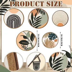 Guía de tallas de arte de pared de madera boho, placa decorativa redonda con medidas.