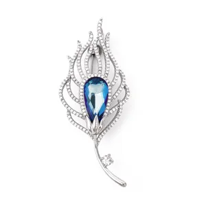 Vintage Elegant Feather Brooch Pin Copper Rhinestone Crystal Lapel Pin Suit Coat Corsage Jewelry For Women