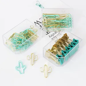 Detailed view of the cute stationery set with gold and turquoise paper clips in clear box.