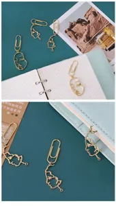 Closeup of gold metal paper clips with abstract face design, perfect for unique bookmarks.