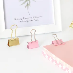Close up view of colorful metal binder clips and paper clips for office organization and stationery.