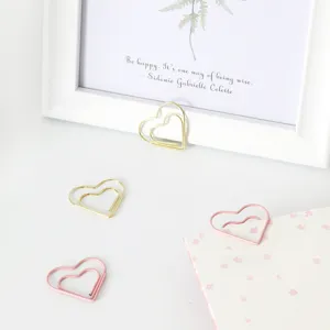 Heart shaped metal paper clips set, gold pink stationery clips for office files and bookmarks.