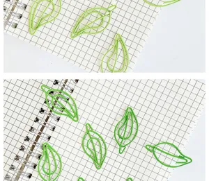 Green leaf-shaped metal paper clips detail shot, creative stationery and decorative bookmarks.